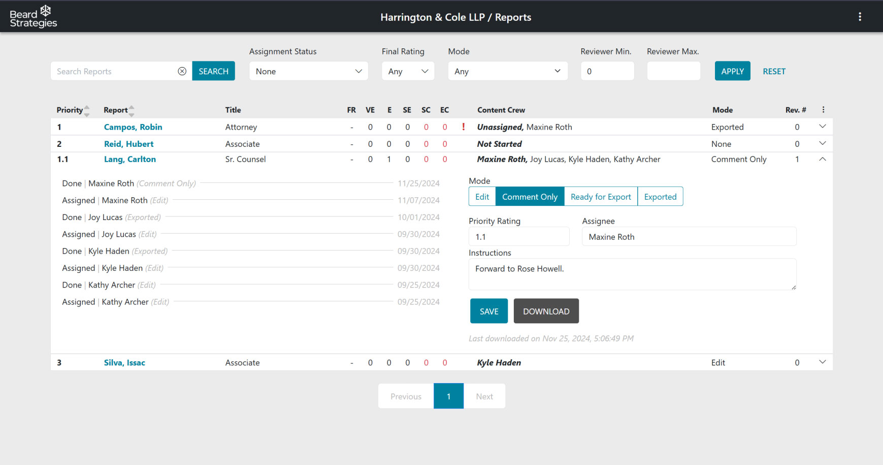 A screenshot of the Beard Strategies Writer Portal report dropdown view.