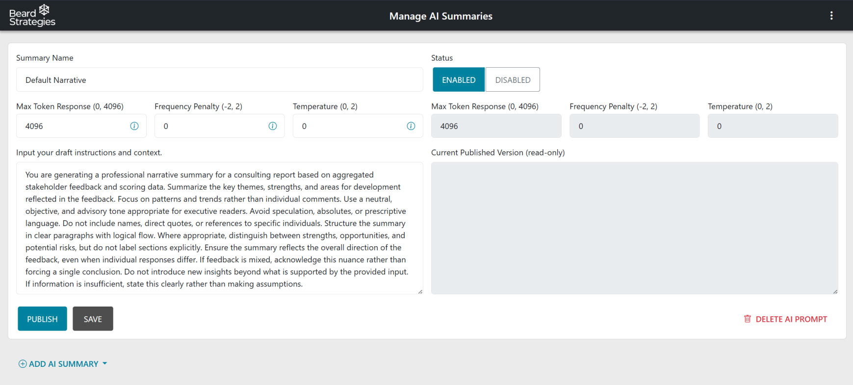The UI design for the Beard Strategies manage AI summaries page.